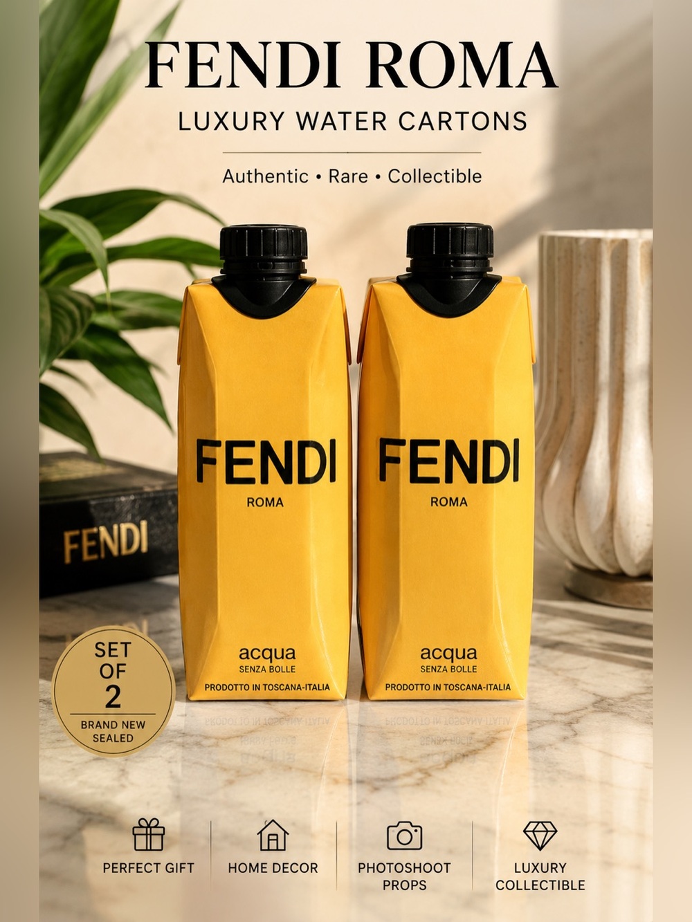 NEW Fendi Roma Luxury Water Cartons (Set of 2) - Collectible Home Decor Prop